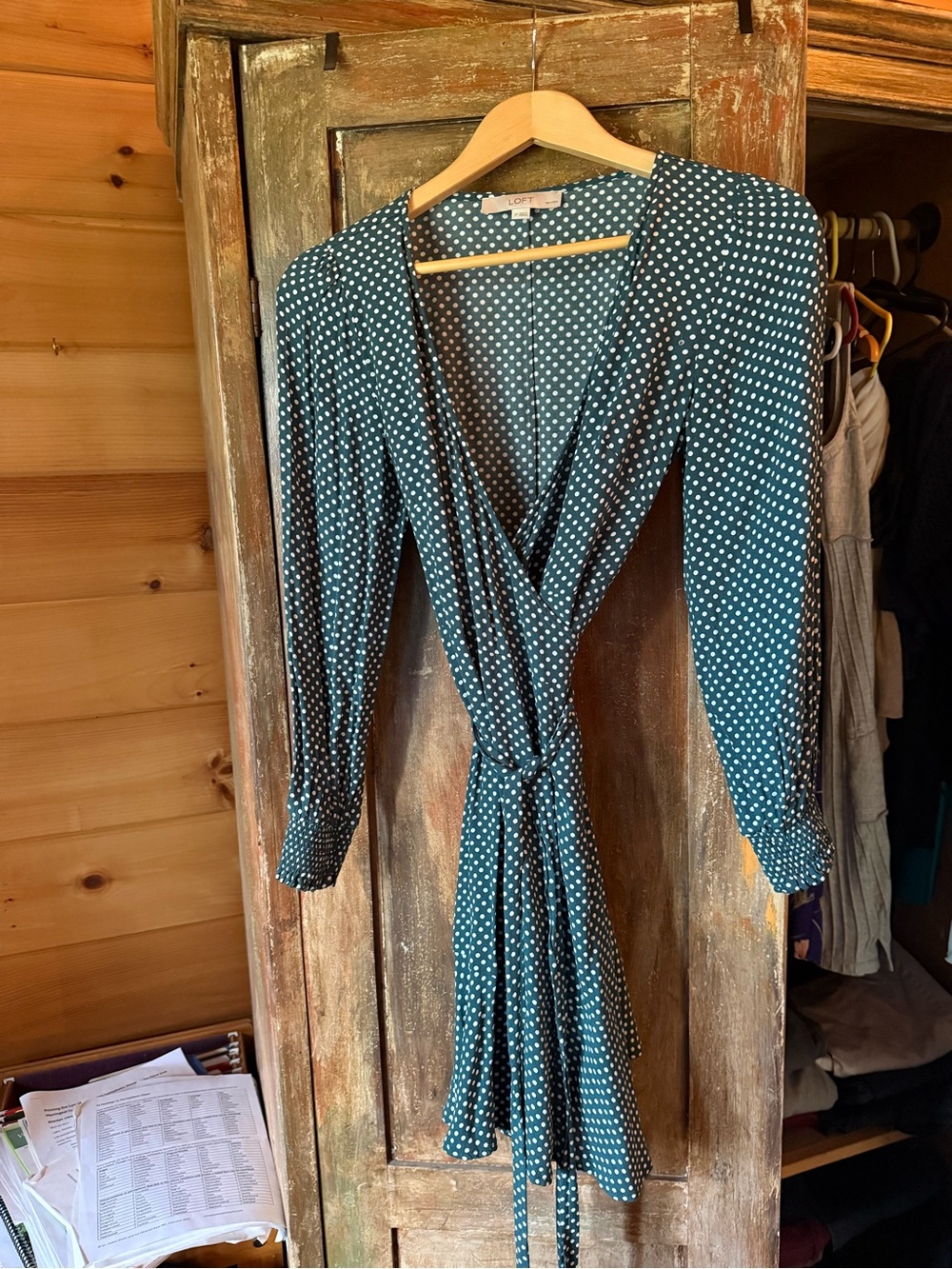 LOFT Teal Polka Dot Wrap Dress with Tie Waist